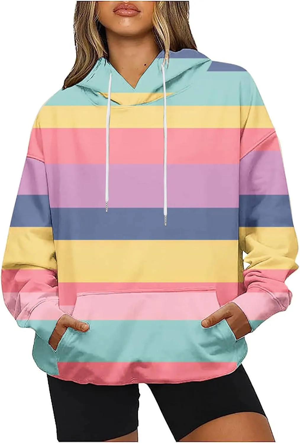Striped Hoodie for Women Sweatshirt Long Sleeve Pullover Drawstring Hoodie Front Pocket Fall Streetwear Athleisure