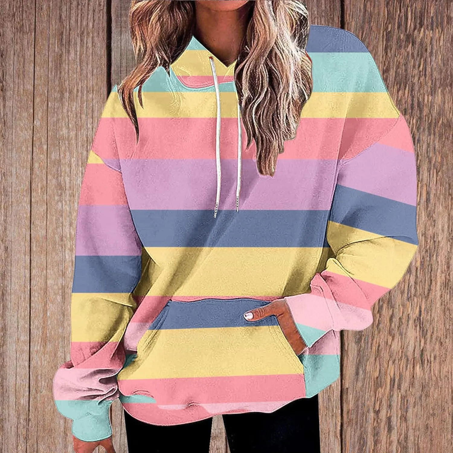 Striped Hoodie for Women Sweatshirt Long Sleeve Pullover Drawstring Hoodie Front Pocket Fall Streetwear Athleisure