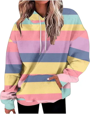 Striped Hoodie for Women Sweatshirt Long Sleeve Pullover Drawstring Hoodie Front Pocket Fall Streetwear Athleisure