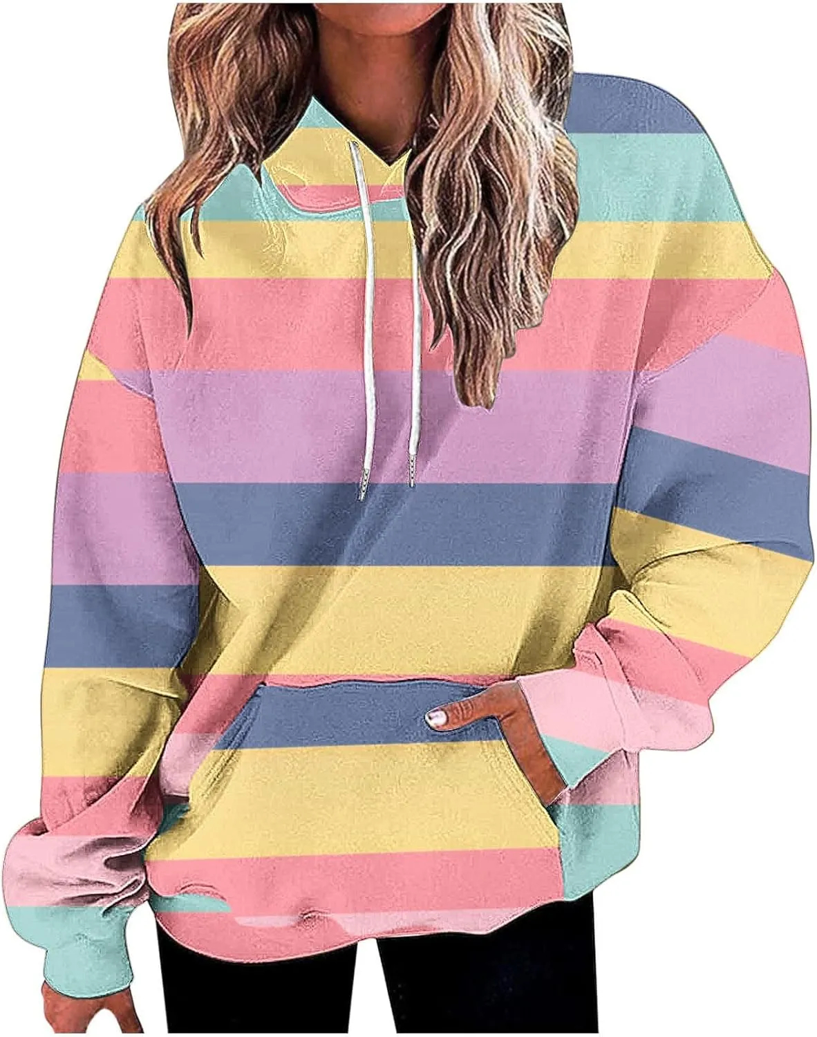 Striped Hoodie for Women Sweatshirt Long Sleeve Pullover Drawstring Hoodie Front Pocket Fall Streetwear Athleisure