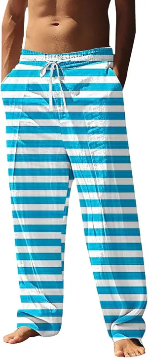 Striped Pants Men Vacation Beach Casual Pant Lightweight Straight Leg Slacks Summer Outdoor Drawstring Waist Trousers