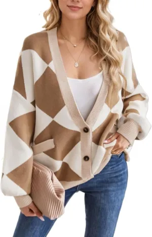 Sumleno Women Y2k Aesthetic Cardigan Sweaters Argyle Long Sleeve Open Front Knit Outerwear Trendy Oversized Fall Tops
