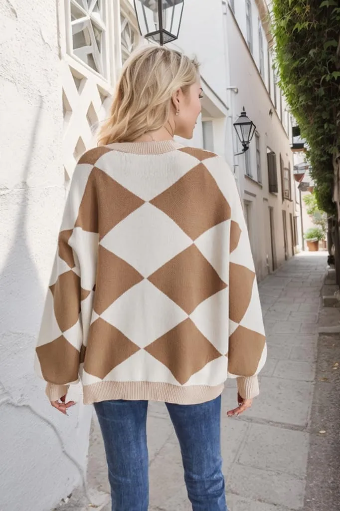 Sumleno Women Y2k Aesthetic Cardigan Sweaters Argyle Long Sleeve Open Front Knit Outerwear Trendy Oversized Fall Tops