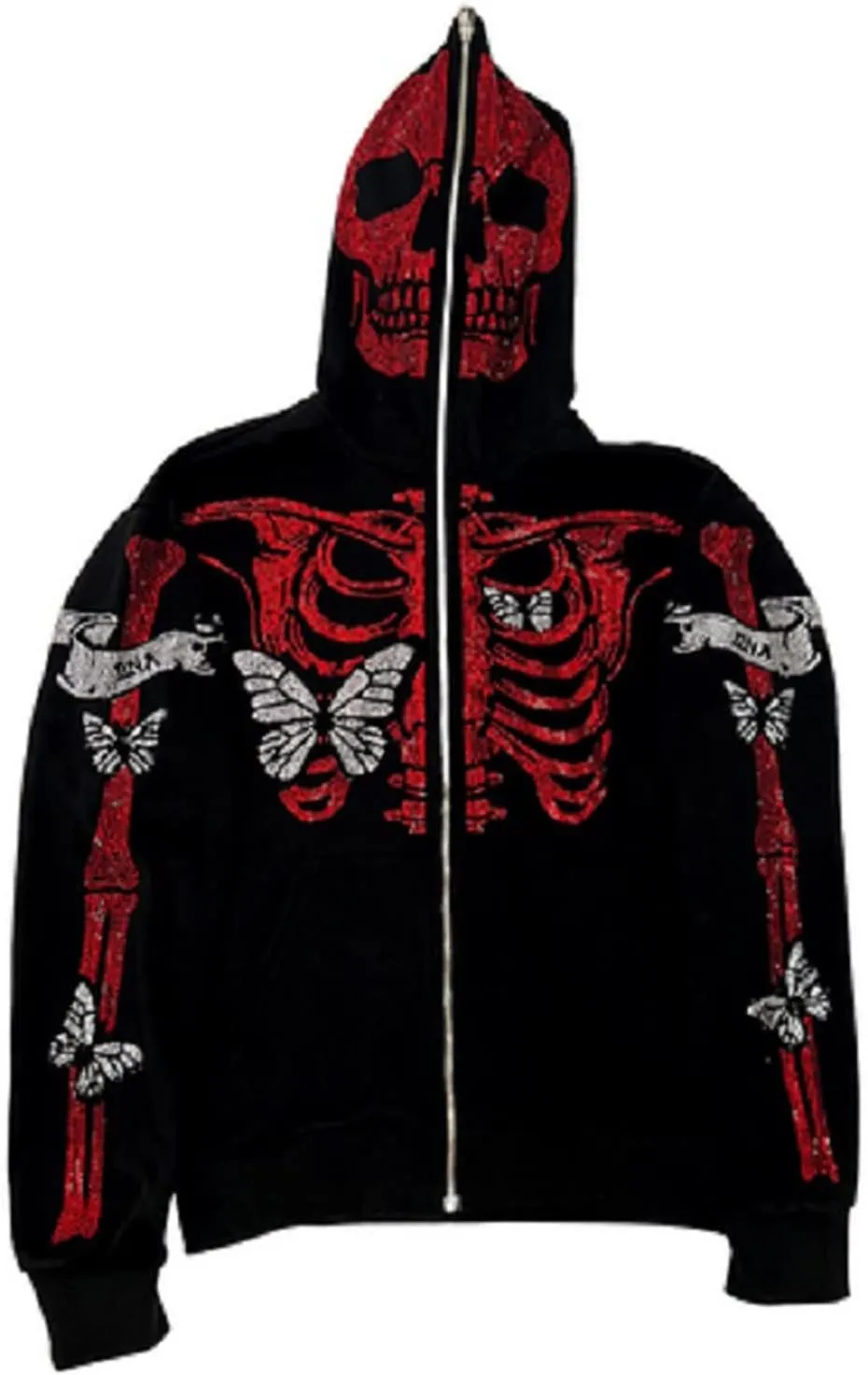 Sunwittafy Y2k Full Zip Up Hoodie Women Men Skeleton Skull Oversized Sweatshirt Aesthetic Graphic Jacket Vintage Streetwear