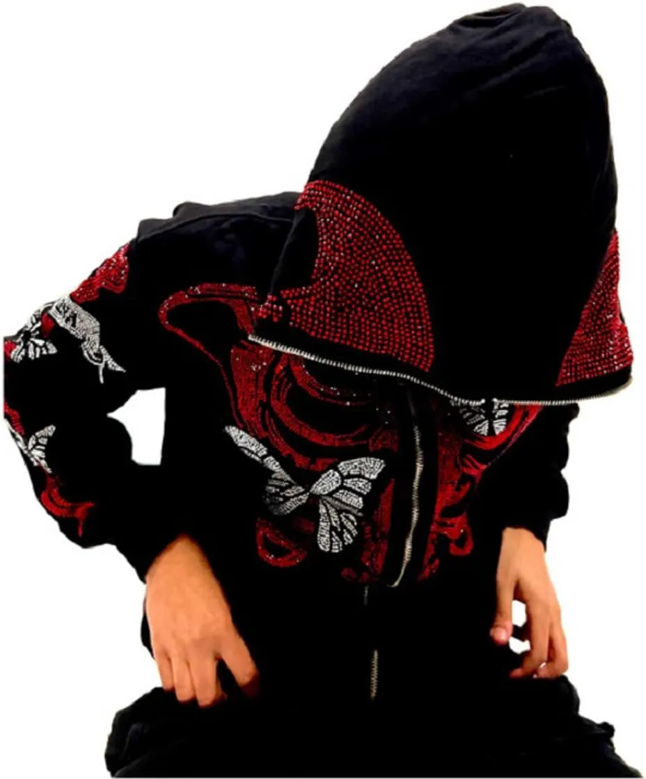 Sunwittafy Y2k Full Zip Up Hoodie Women Men Skeleton Skull Oversized Sweatshirt Aesthetic Graphic Jacket Vintage Streetwear