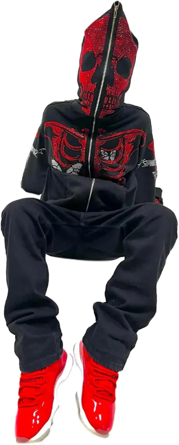 Sunwittafy Y2k Full Zip Up Hoodie Women Men Skeleton Skull Oversized Sweatshirt Aesthetic Graphic Jacket Vintage Streetwear