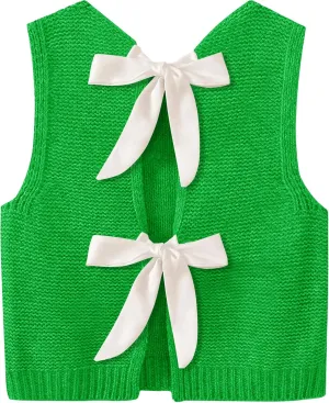 Sweater Vest for Women Summer Tops Bow Tie Back Knitted Tank Tops Casual Crop Cardigan Vest