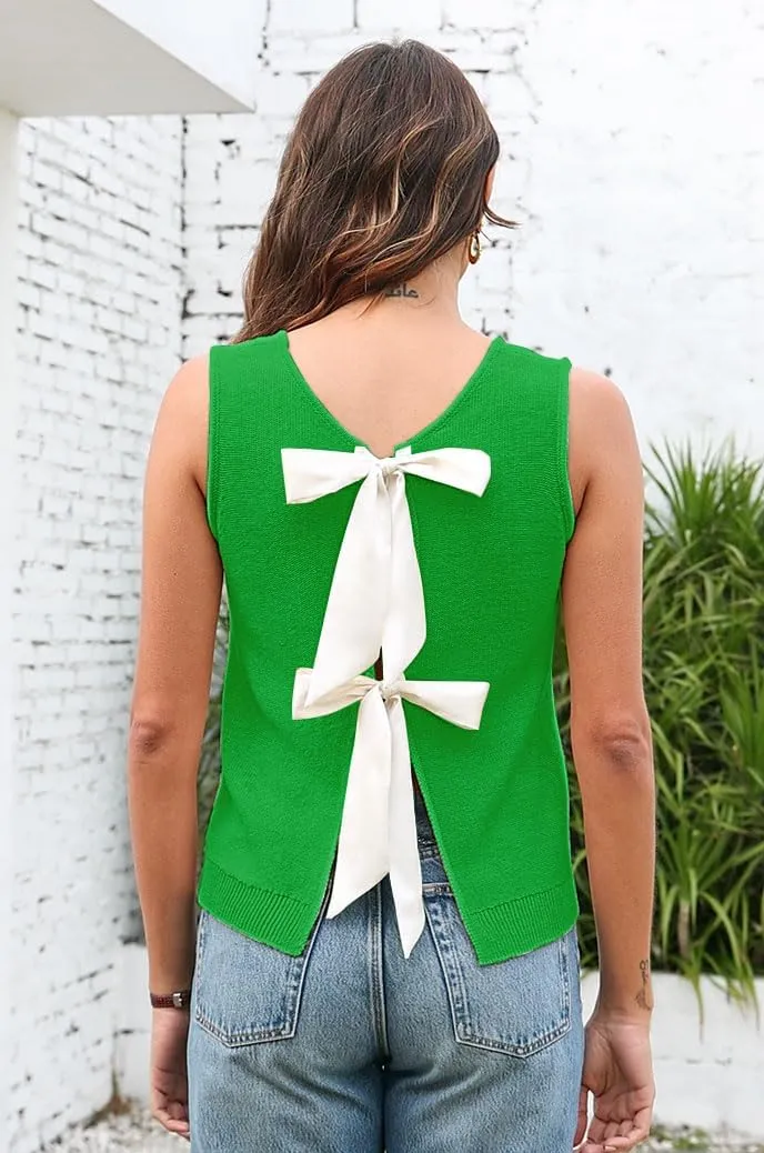 Sweater Vest for Women Summer Tops Bow Tie Back Knitted Tank Tops Casual Crop Cardigan Vest
