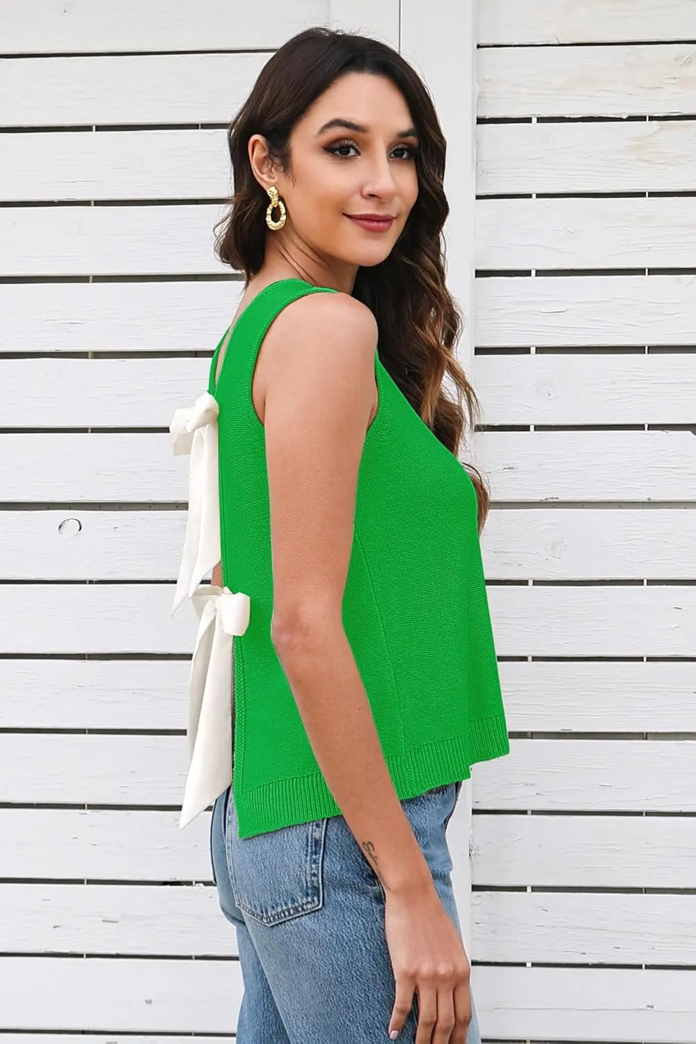Sweater Vest for Women Summer Tops Bow Tie Back Knitted Tank Tops Casual Crop Cardigan Vest