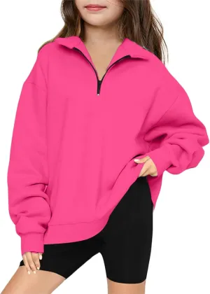 Sweatshirts for Girls Quarter Zip Pullover Long Sleeve Fleece Lined Tops Oversized Crewneck Sweatshirt Preppy Clothes