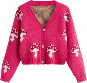 SweatyRocks Girl's Cute Graphic Print V Neck Sweater Button Down Knitted Cardigan Top