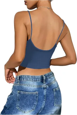 SweatyRocks Women's Basic Spaghetti Strap Scoop Neck Backless Slim Fit Camisole Crop Top