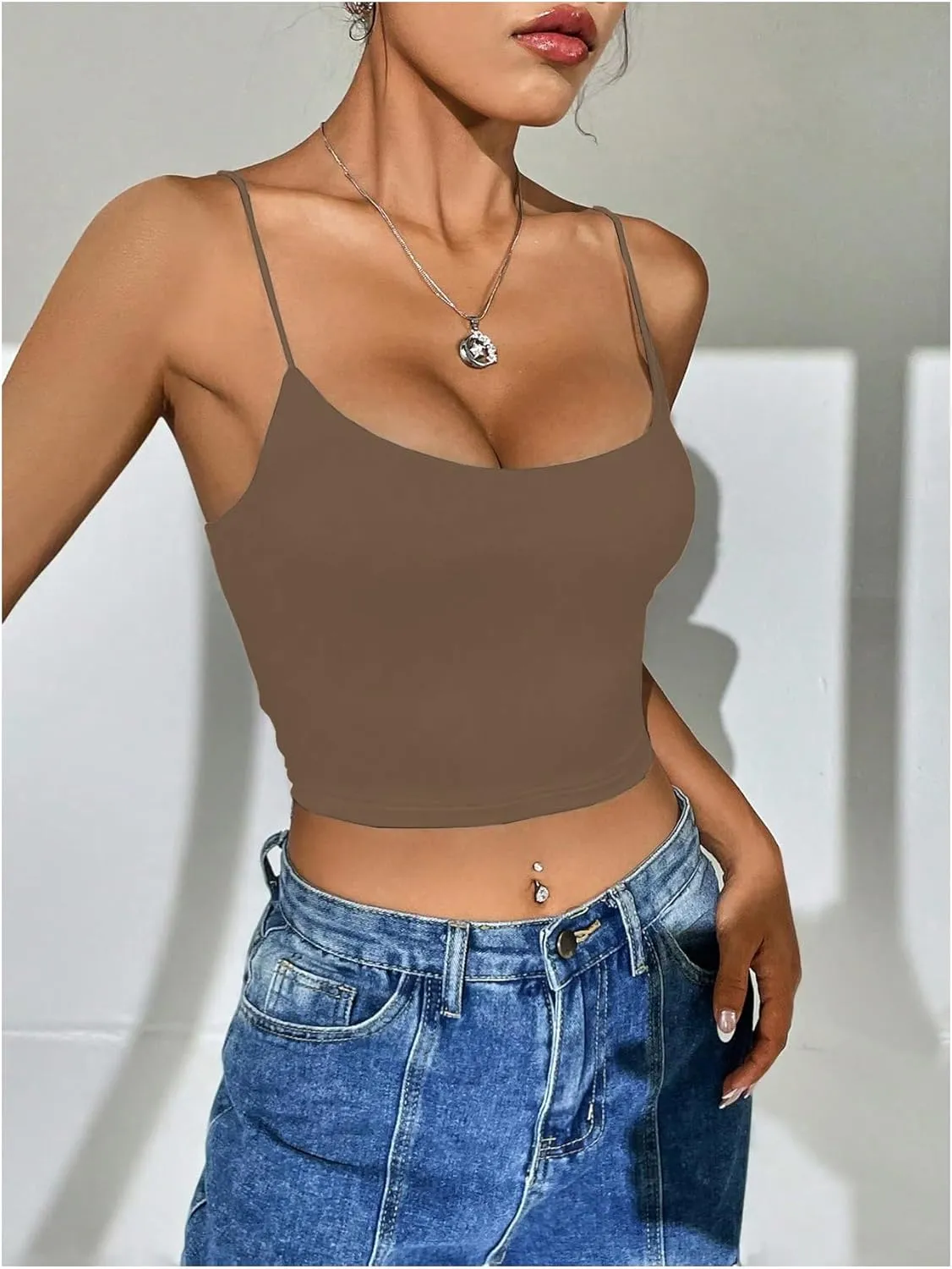 SweatyRocks Women's Basic Spaghetti Strap Scoop Neck Backless Slim Fit Camisole Crop Top