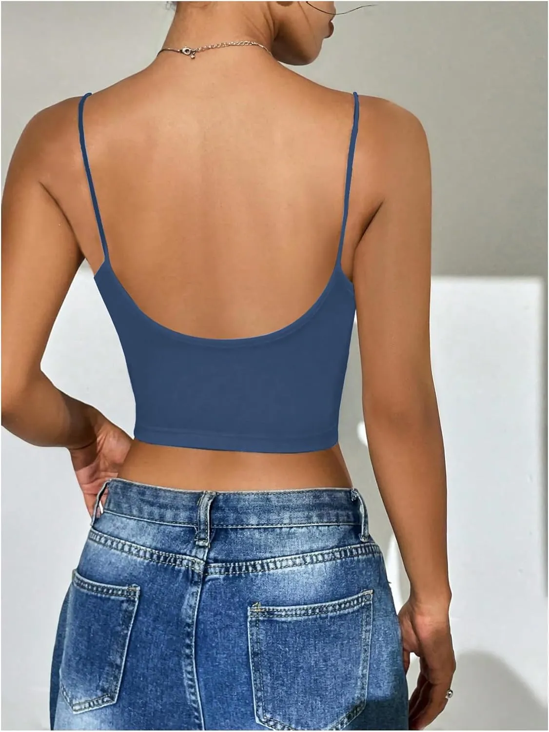 SweatyRocks Women's Basic Spaghetti Strap Scoop Neck Backless Slim Fit Camisole Crop Top
