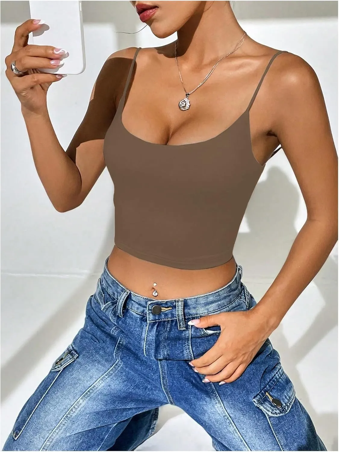 SweatyRocks Women's Basic Spaghetti Strap Scoop Neck Backless Slim Fit Camisole Crop Top