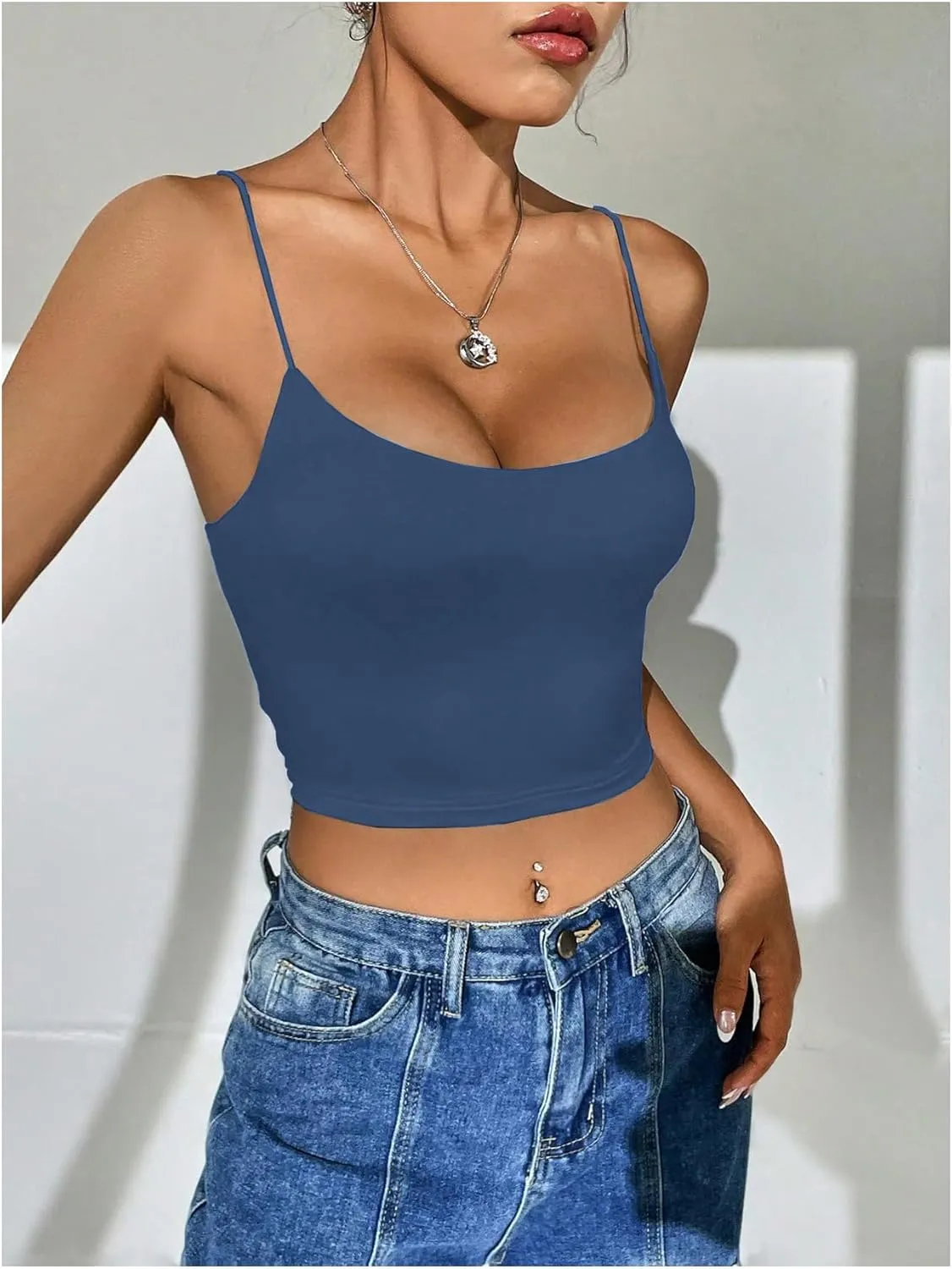 SweatyRocks Women's Basic Spaghetti Strap Scoop Neck Backless Slim Fit Camisole Crop Top