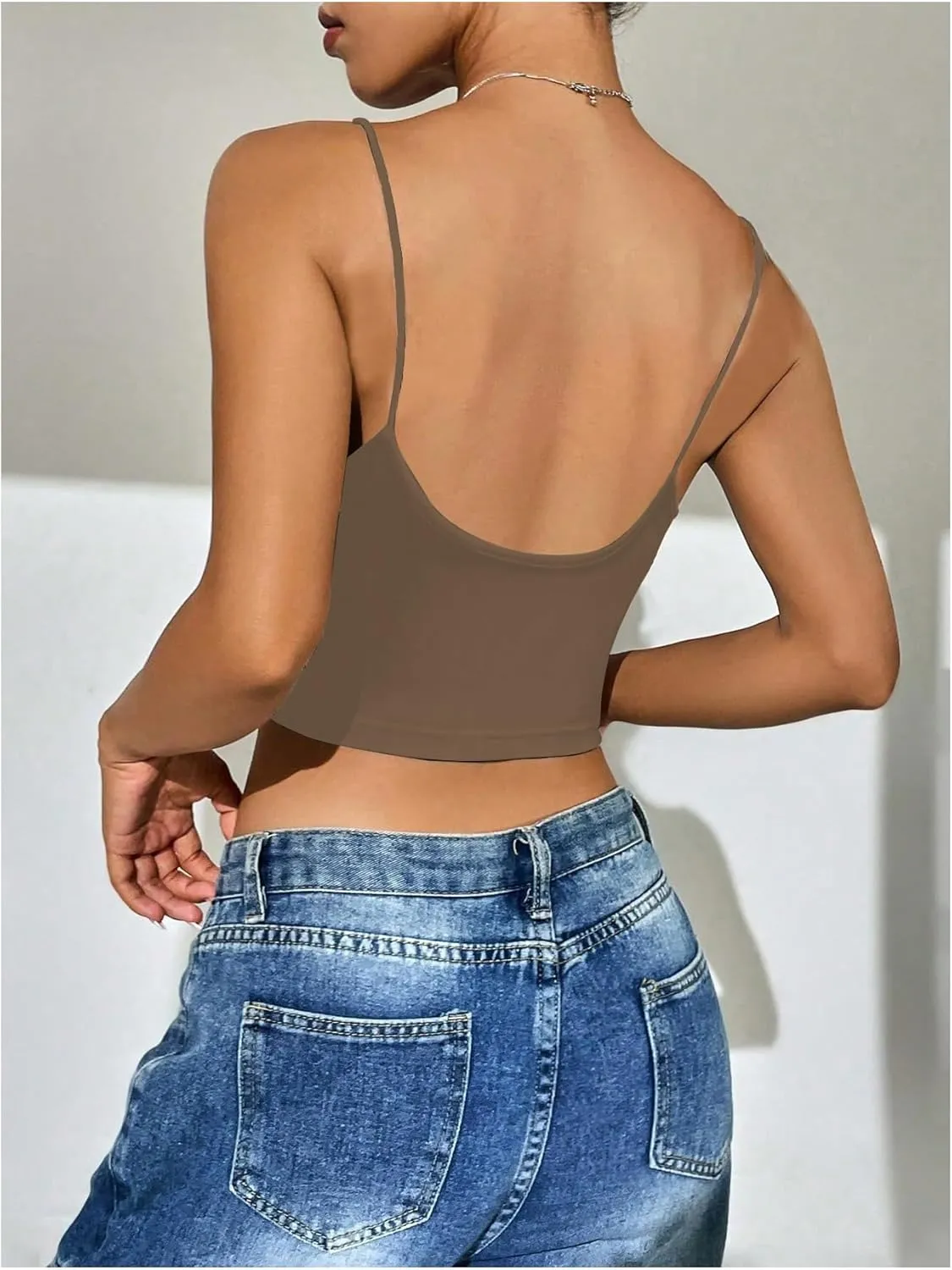 SweatyRocks Women's Basic Spaghetti Strap Scoop Neck Backless Slim Fit Camisole Crop Top