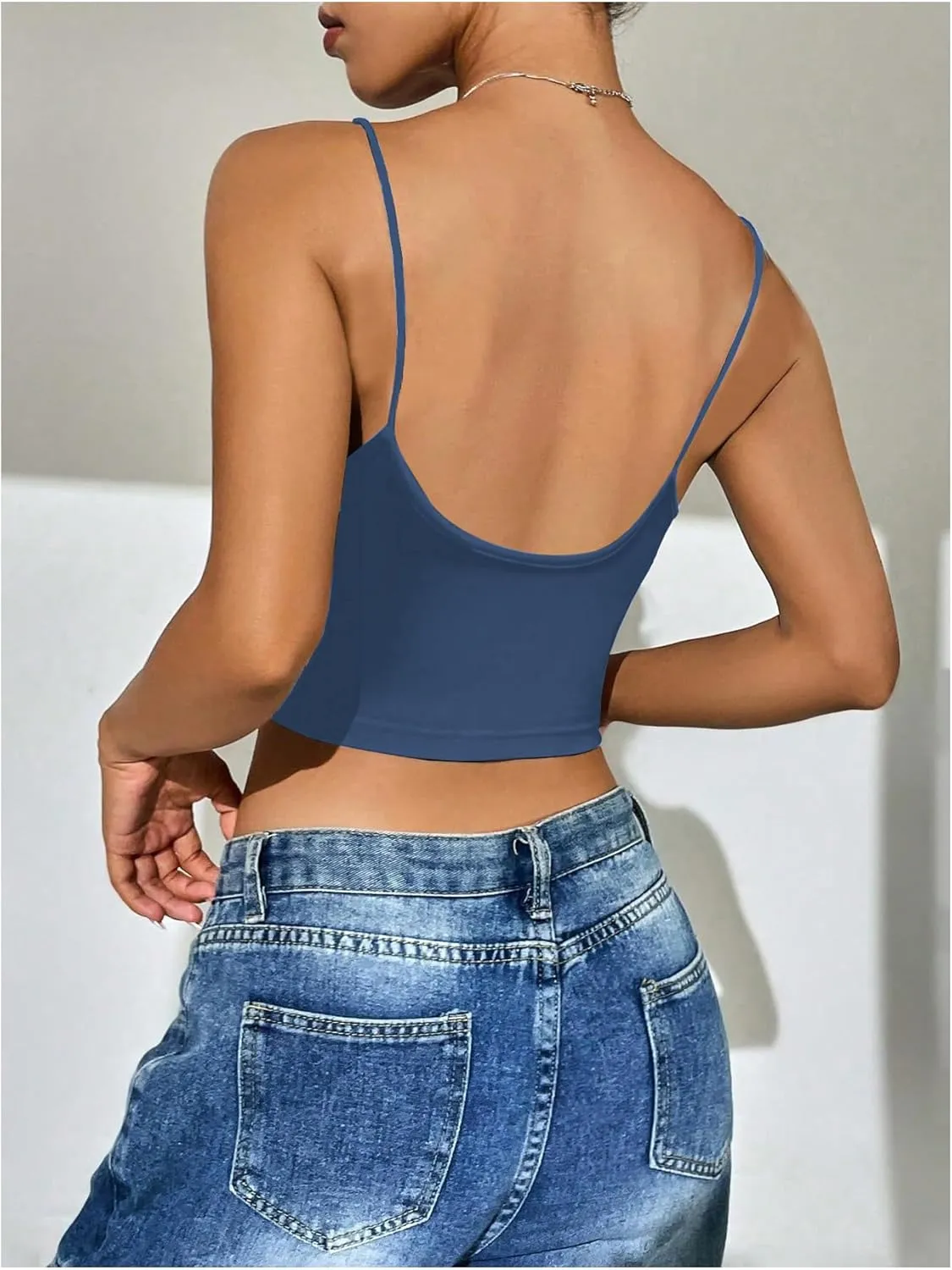 SweatyRocks Women's Basic Spaghetti Strap Scoop Neck Backless Slim Fit Camisole Crop Top