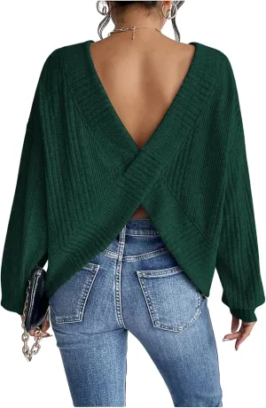SweatyRocks Women's Criss Cross Round Neck Pullover Sweaters Long Sleeve Loose Cut Out Back Knit Tee Tops Backless Shirts