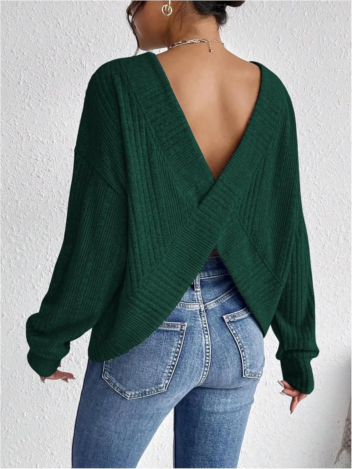 SweatyRocks Women's Criss Cross Round Neck Pullover Sweaters Long Sleeve Loose Cut Out Back Knit Tee Tops Backless Shirts