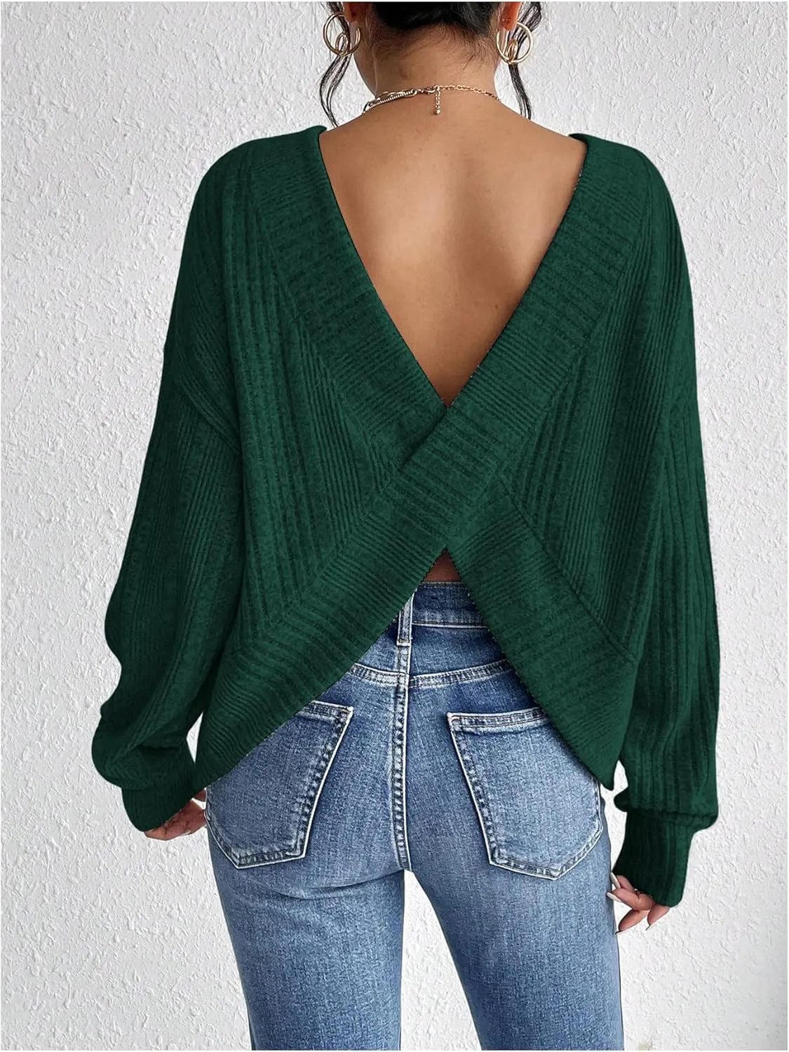 SweatyRocks Women's Criss Cross Round Neck Pullover Sweaters Long Sleeve Loose Cut Out Back Knit Tee Tops Backless Shirts