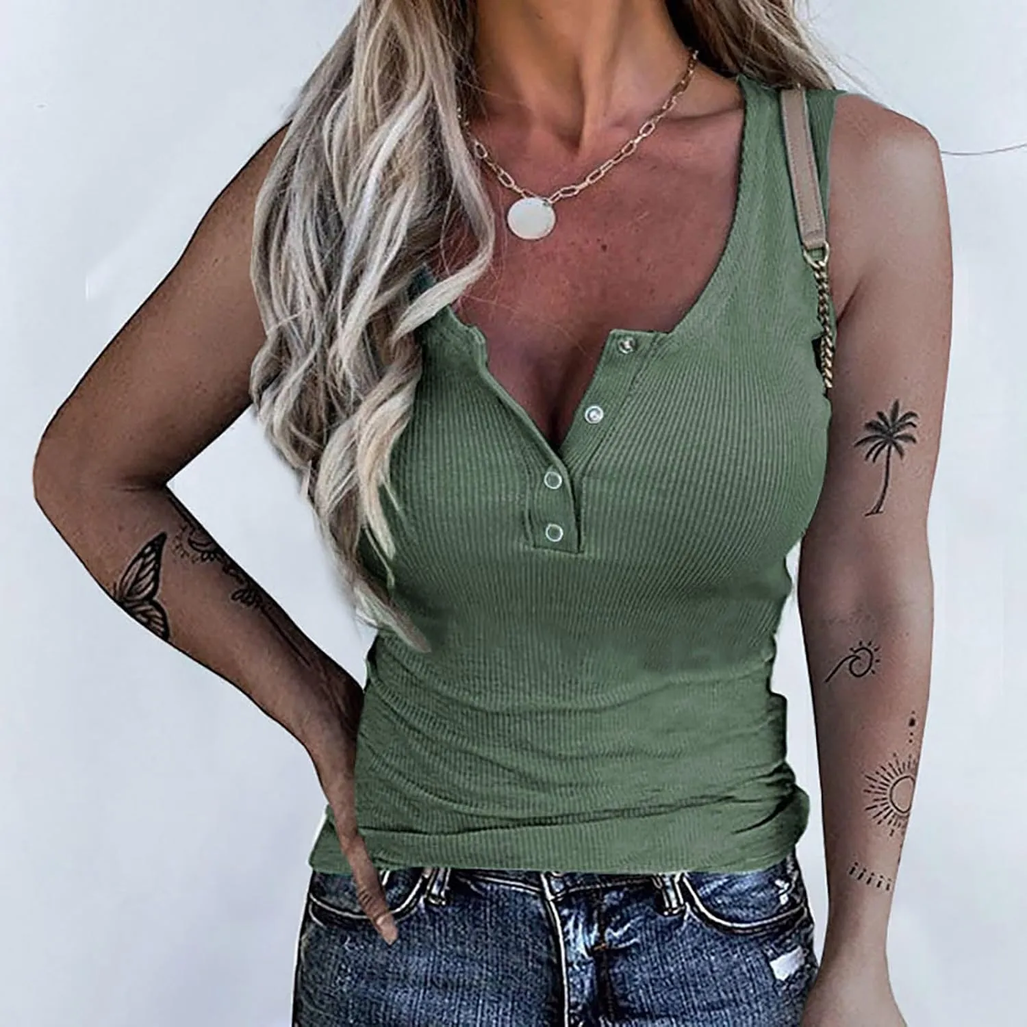 Tank Tops for Women Summer Casual Cropped Ribbed Sleeveless Camisole Tops Button V Neck Henley Shirt Clothes 2025