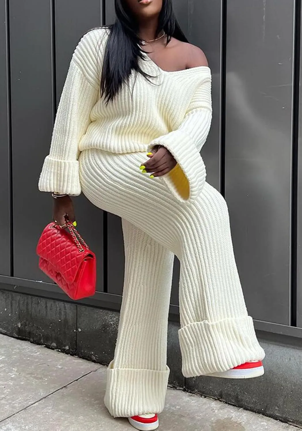 Tbahhir Women's 2 Piece Outfits Sweater Lounge Sets Pullover Long Sleeve Knit Tops Wide Leg Pants Tracksuit Sweatsuit