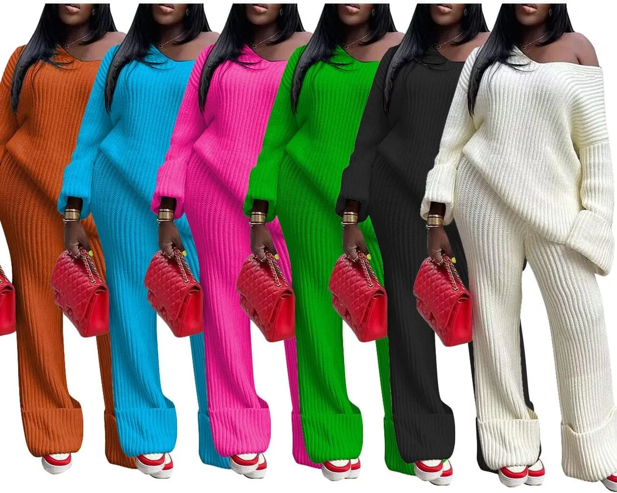 Tbahhir Women's 2 Piece Outfits Sweater Lounge Sets Pullover Long Sleeve Knit Tops Wide Leg Pants Tracksuit Sweatsuit