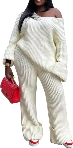 Tbahhir Women's 2 Piece Outfits Sweater Lounge Sets Pullover Long Sleeve Knit Tops Wide Leg Pants Tracksuit Sweatsuit