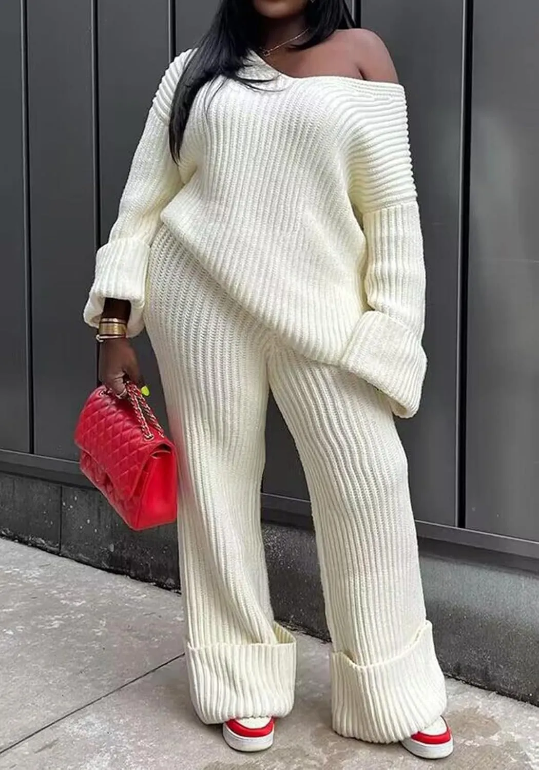 Tbahhir Women's 2 Piece Outfits Sweater Lounge Sets Pullover Long Sleeve Knit Tops Wide Leg Pants Tracksuit Sweatsuit