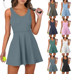 Tennis Dresses for Women with Shorts Cross Open Back V Neck Workout Skort Dress Summer Athleisure Mini Tank Dress