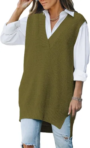 TOLENY Women V Neck Sweater Vest Tops Oversized Sleeveless Tunic Pullover Knitted Tops
