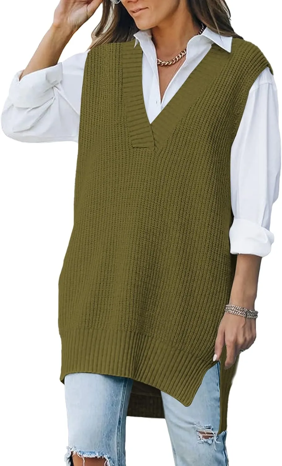TOLENY Women V Neck Sweater Vest Tops Oversized Sleeveless Tunic Pullover Knitted Tops