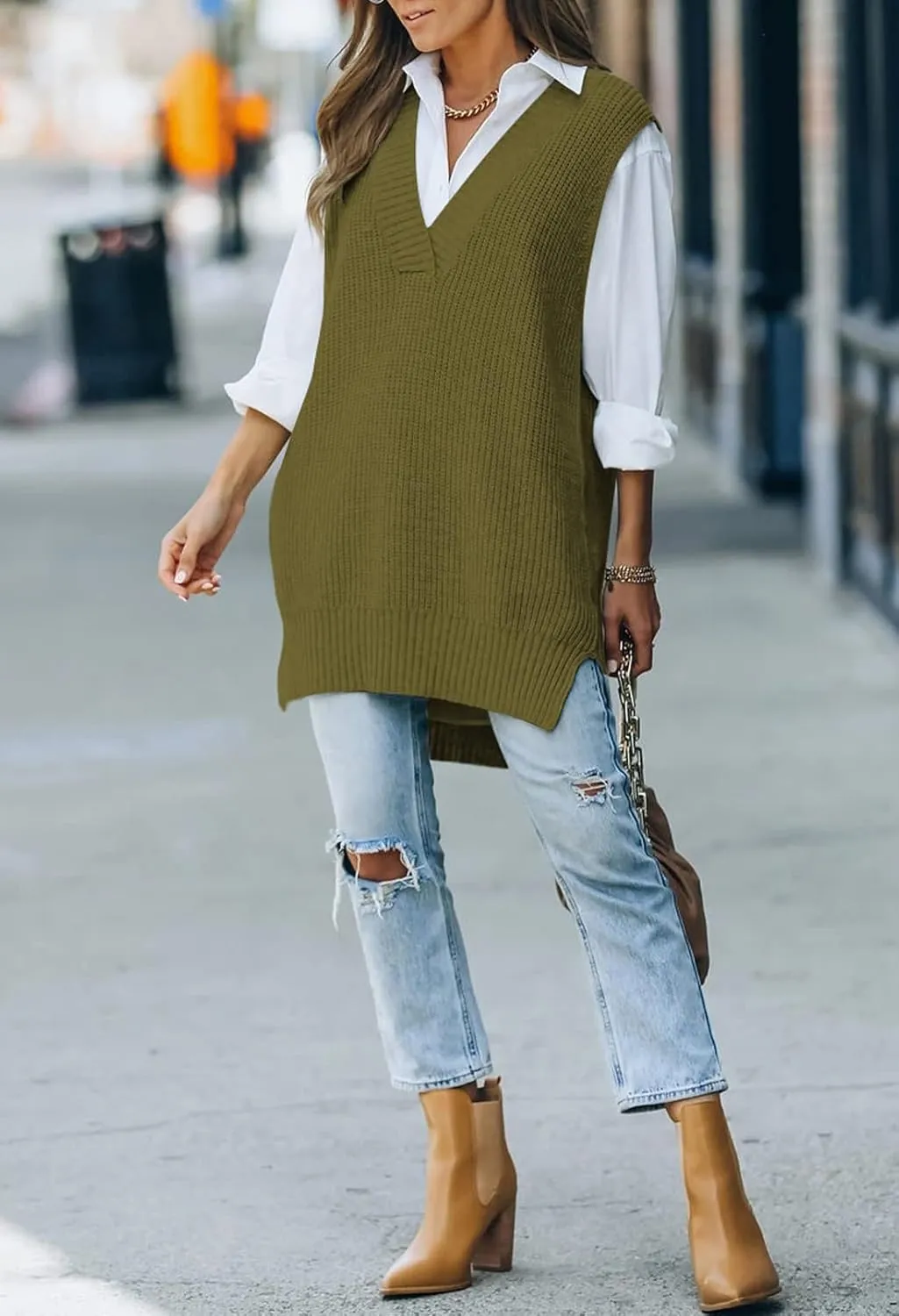 TOLENY Women V Neck Sweater Vest Tops Oversized Sleeveless Tunic Pullover Knitted Tops