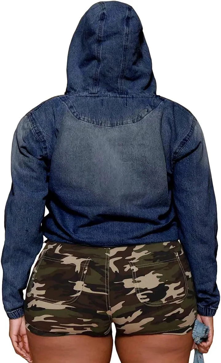 TOPSRANI Womens Plus Size Half Zip Up Denim Hoodie Casual Jean Sweatshirt Pullover Long Sleeve Jacket Tops with Pockets