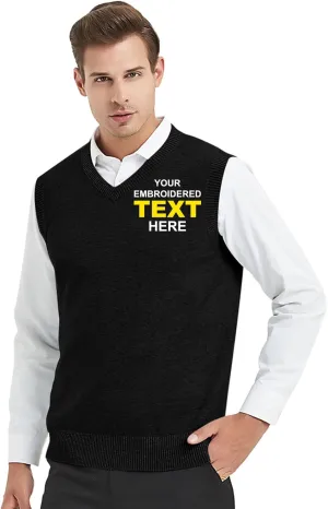 TopTie Embroidery Men's V-Neck 100% Cotton Sweater Vest Custom Solid Pullover Personalize Logo