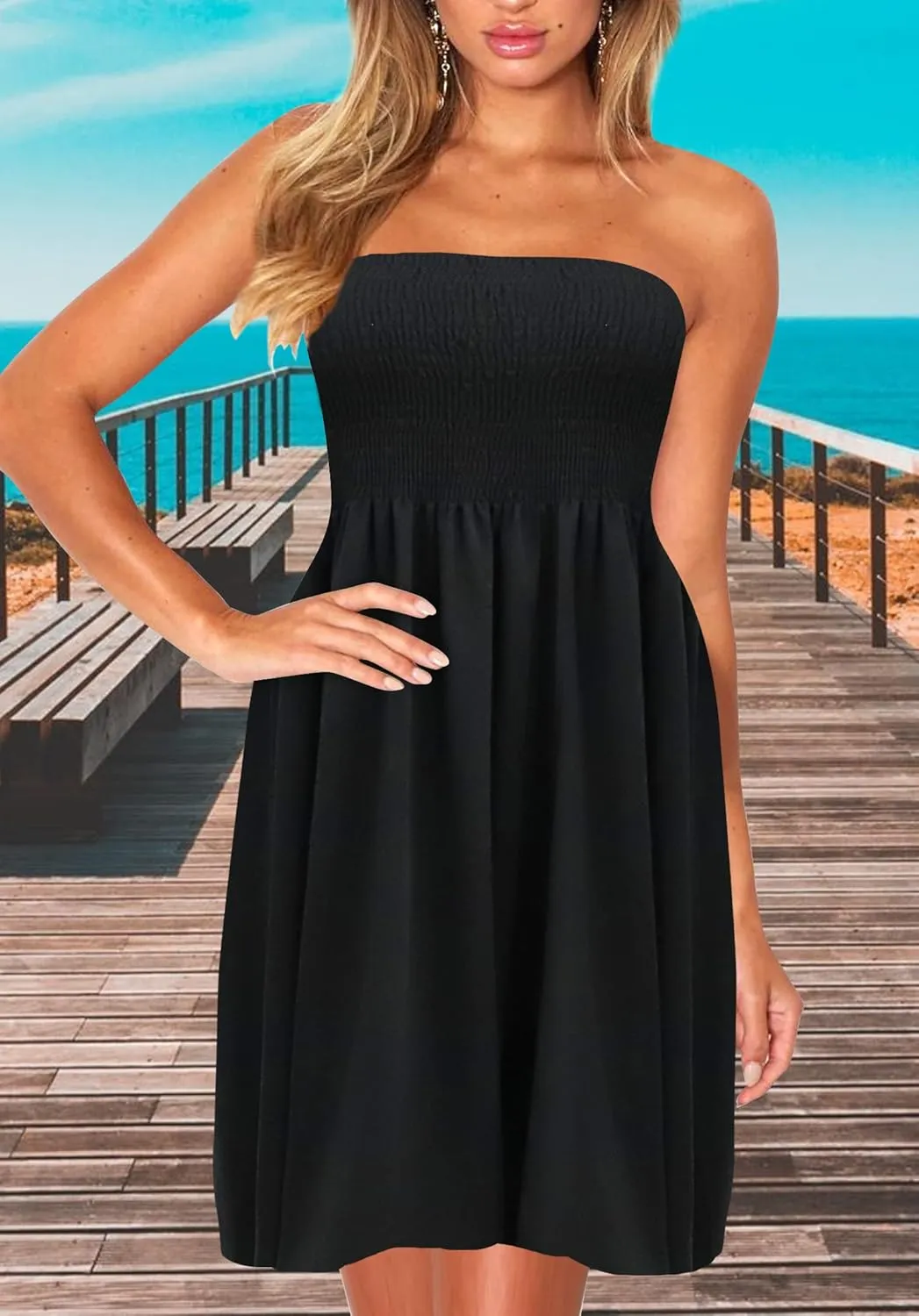 Tube Top Dress Boho Floral Beach Smocked Sundress Strapless Dress for Women Summer