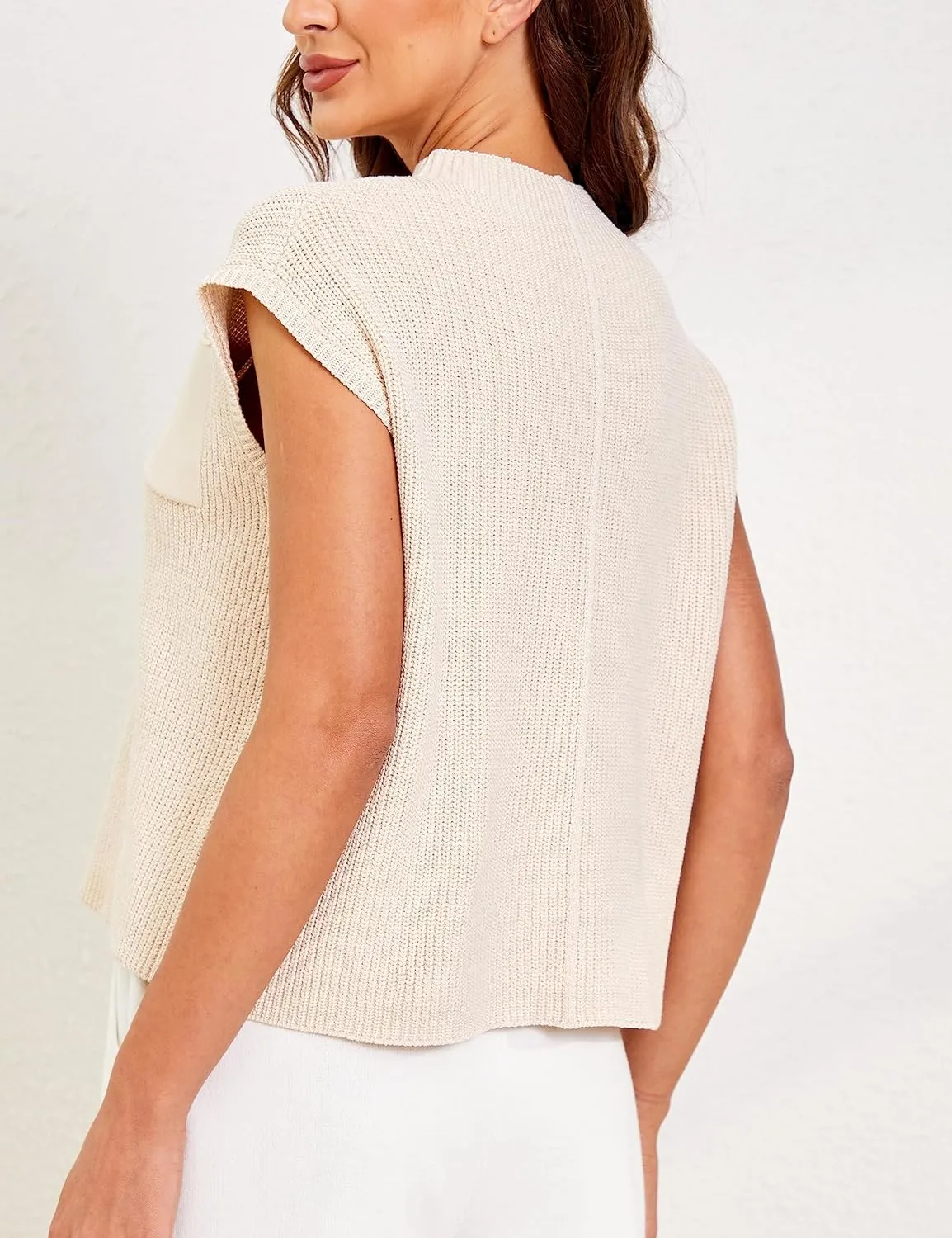 UANEO Sweater Vest Women Mock Neck Casual Cropped Knit Pullover Cap Sleeve Sweater for Women Top Spring