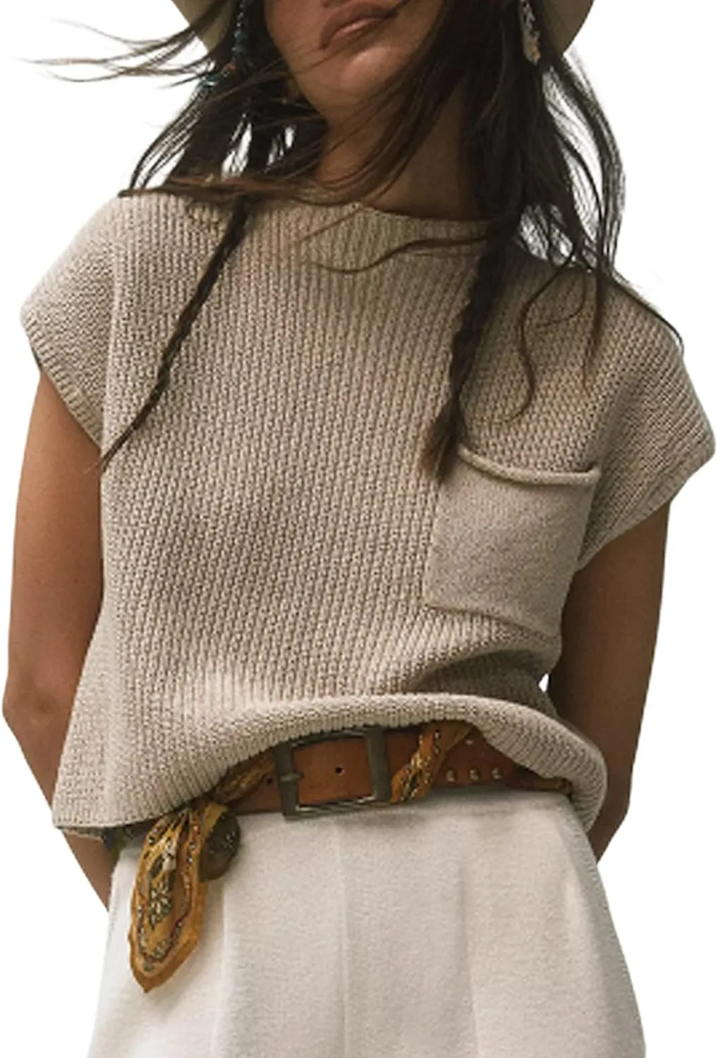 UANEO Sweater Vest Women Mock Neck Casual Cropped Knit Pullover Cap Sleeve Sweater for Women Top Spring