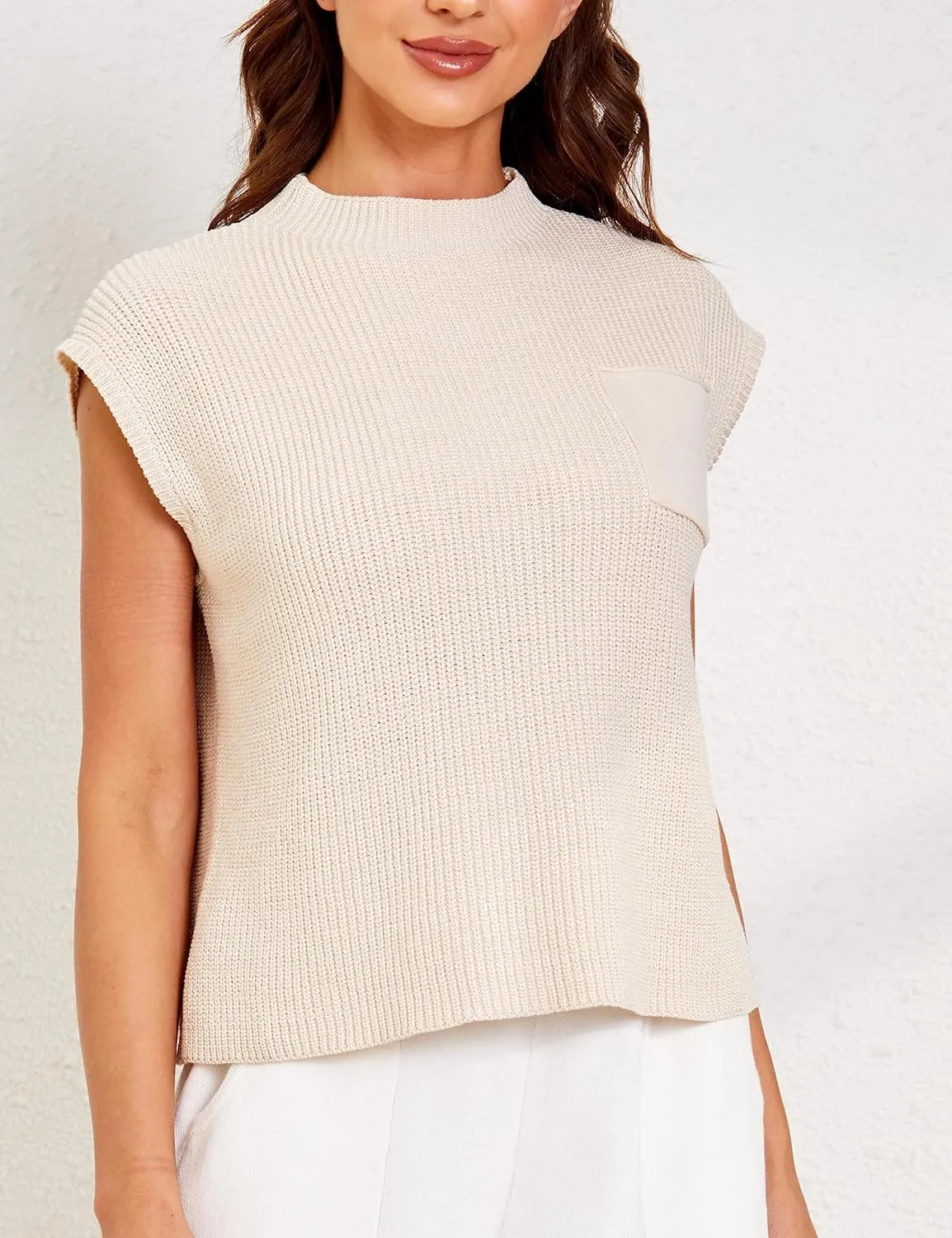 UANEO Sweater Vest Women Mock Neck Casual Cropped Knit Pullover Cap Sleeve Sweater for Women Top Spring