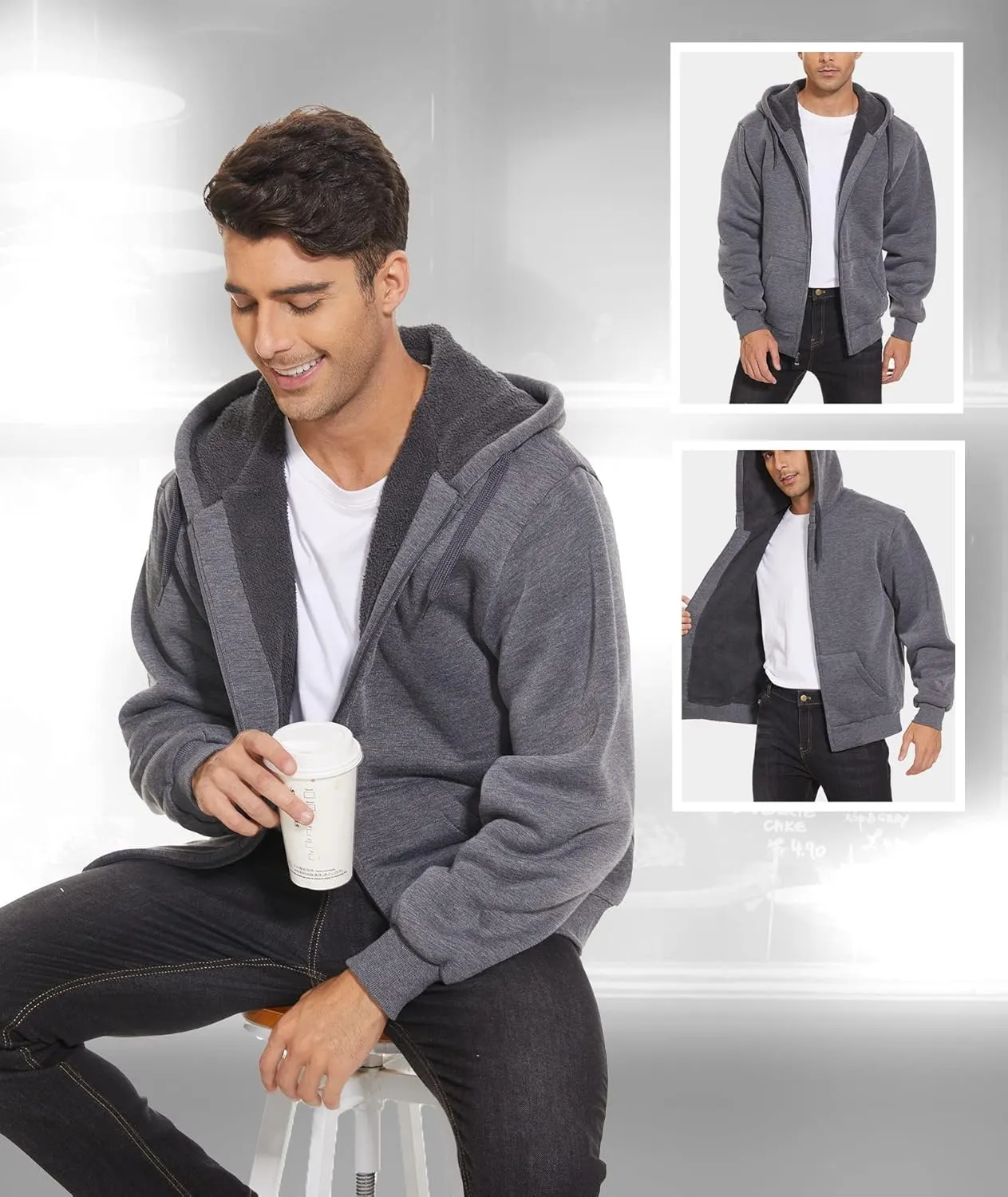 V VALANCH Men Hoodie Zip Up Winter Sherpa Lined Sweatshirt Heavyweight Thick Warm Fleece Jacket