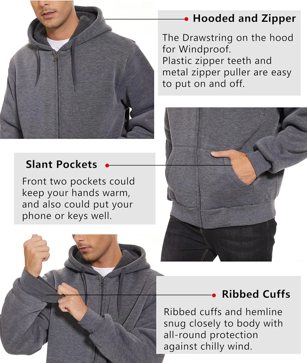 V VALANCH Men Hoodie Zip Up Winter Sherpa Lined Sweatshirt Heavyweight Thick Warm Fleece Jacket