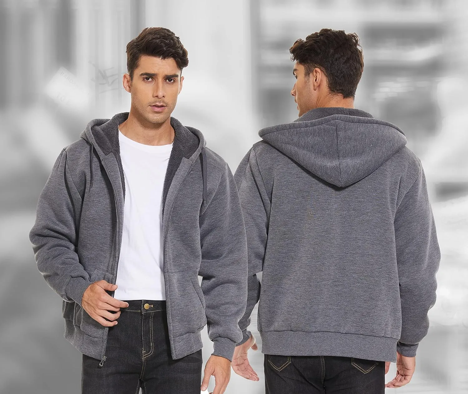 V VALANCH Men Hoodie Zip Up Winter Sherpa Lined Sweatshirt Heavyweight Thick Warm Fleece Jacket