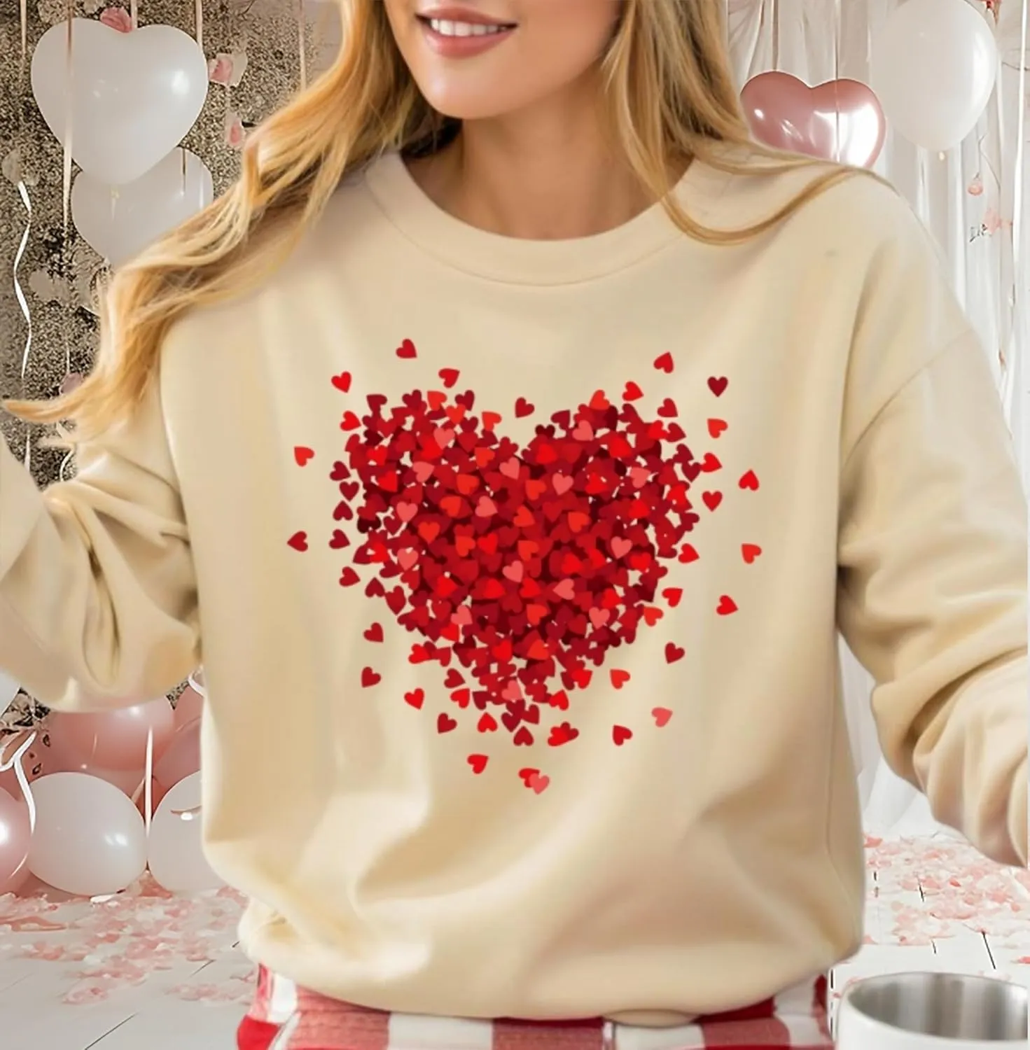 Valentine's Day Women's Funny Love Heart Graphic Shirt - Casual Long Sleeve Pullover Top
