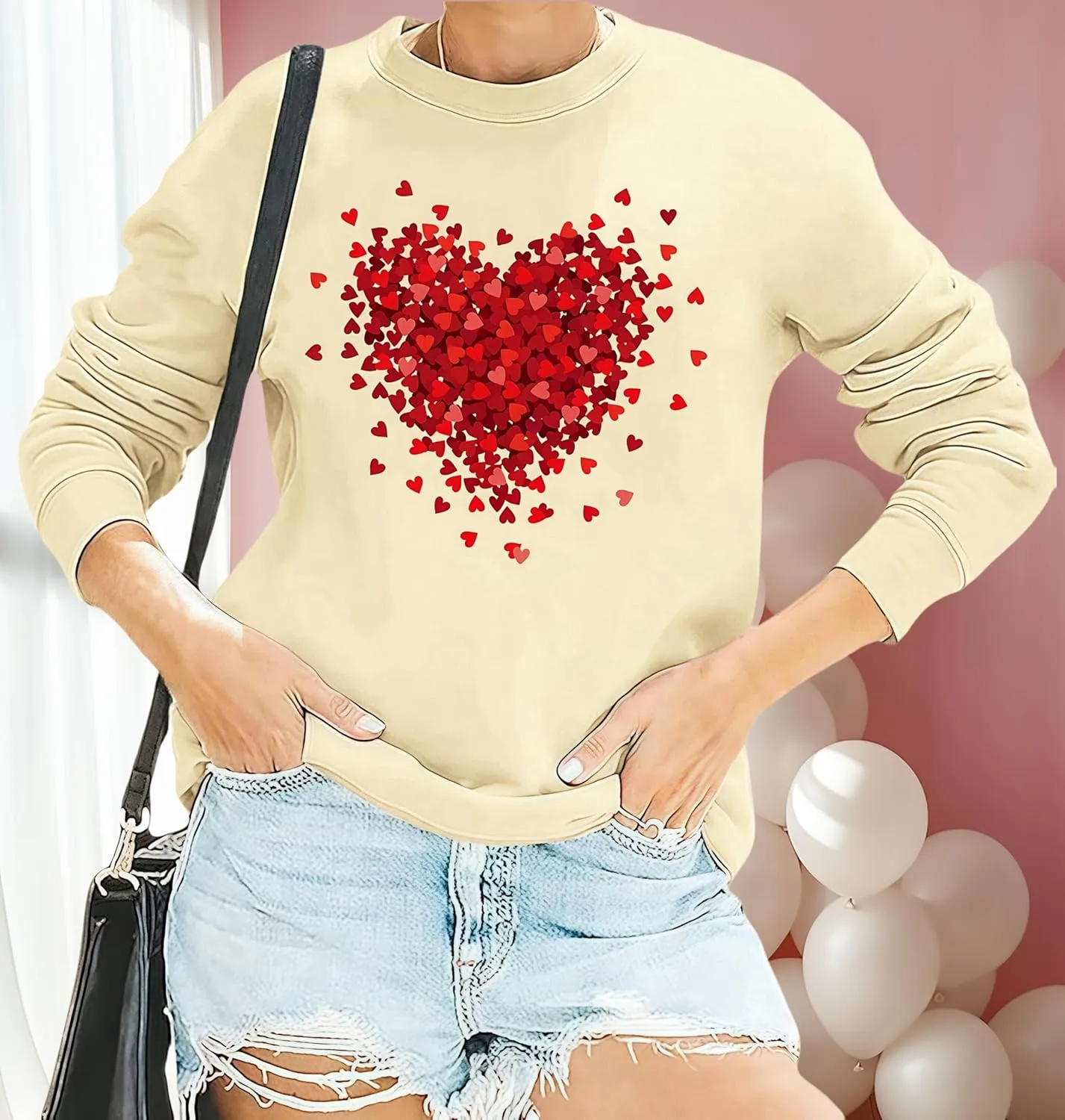 Valentine's Day Women's Funny Love Heart Graphic Shirt - Casual Long Sleeve Pullover Top