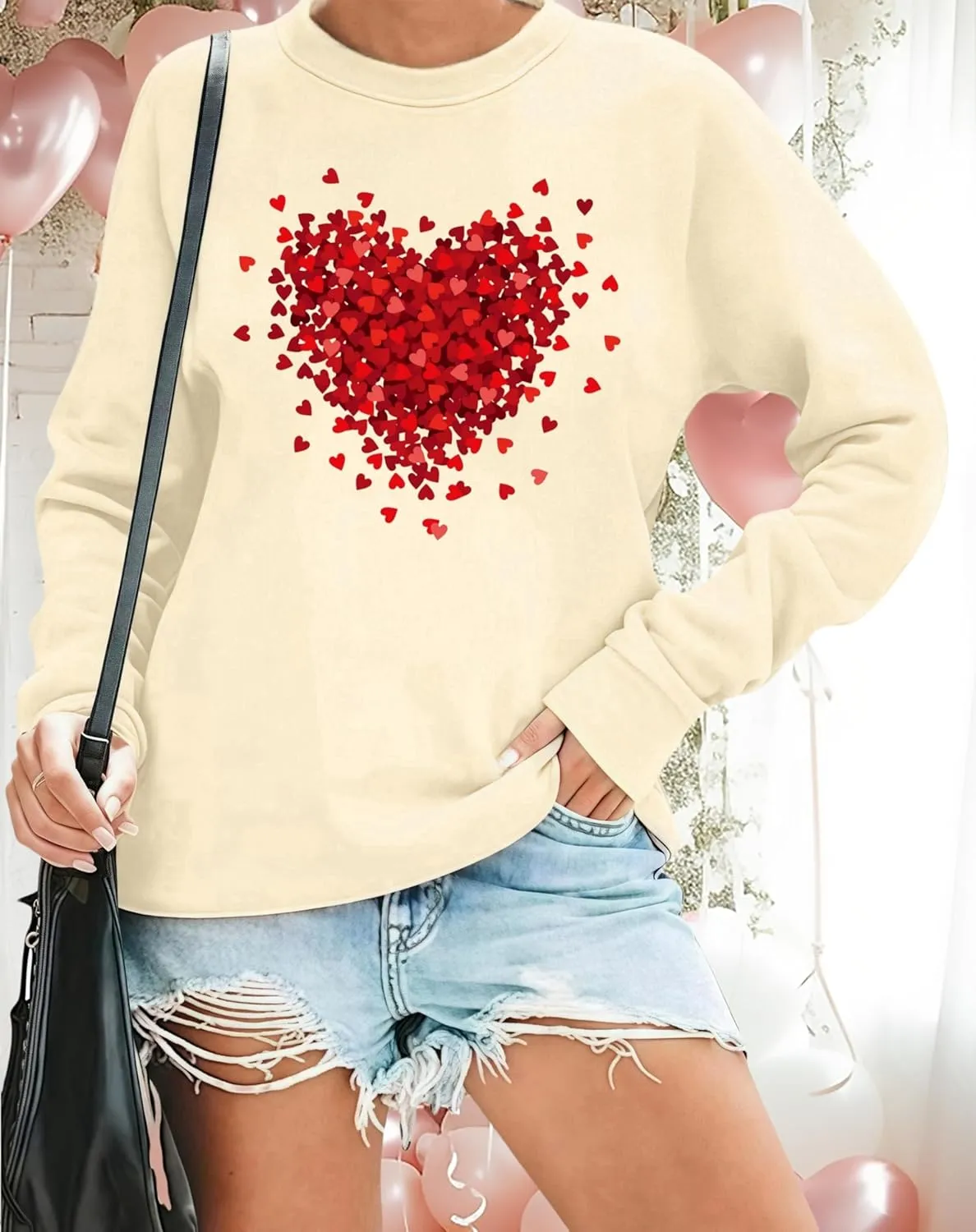 Valentine's Day Women's Funny Love Heart Graphic Shirt - Casual Long Sleeve Pullover Top