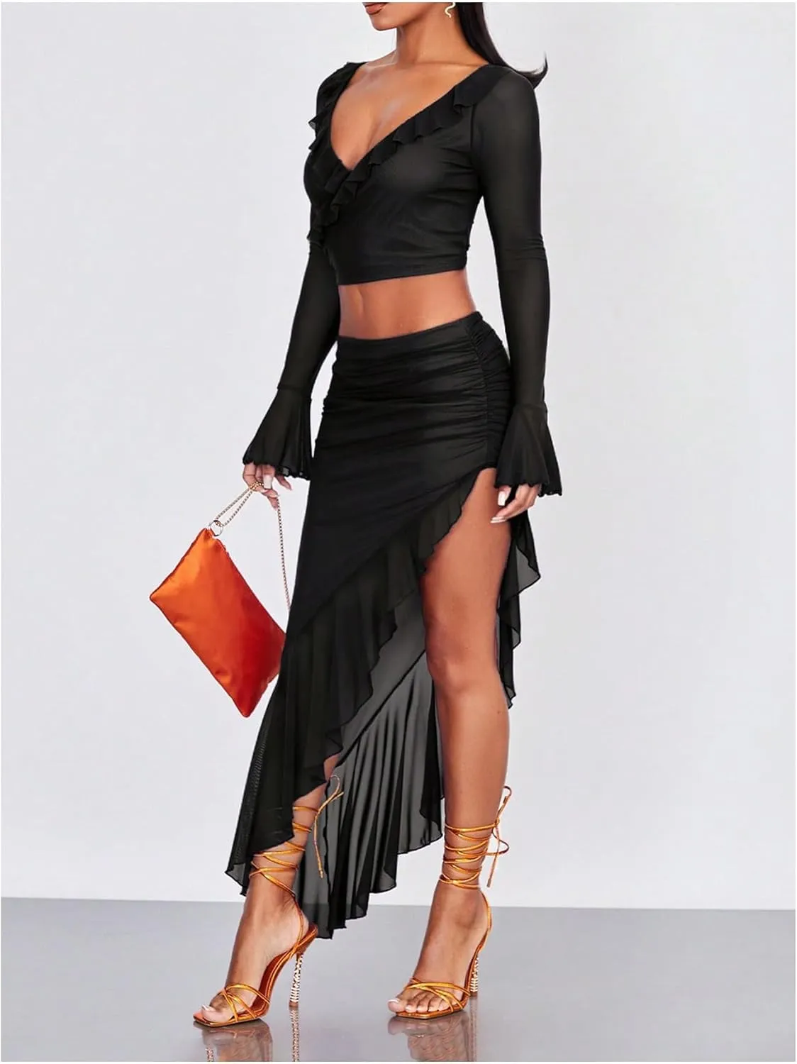 Verdusa Women's Asymmetrical High Slit Mesh Long Skirts Ruffle Hem Ruched Flowy Bodycon Skirt