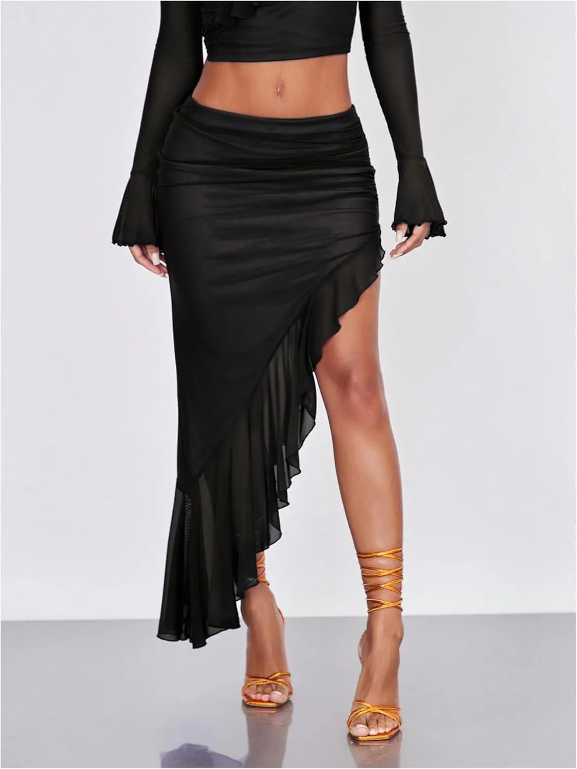 Verdusa Women's Asymmetrical High Slit Mesh Long Skirts Ruffle Hem Ruched Flowy Bodycon Skirt