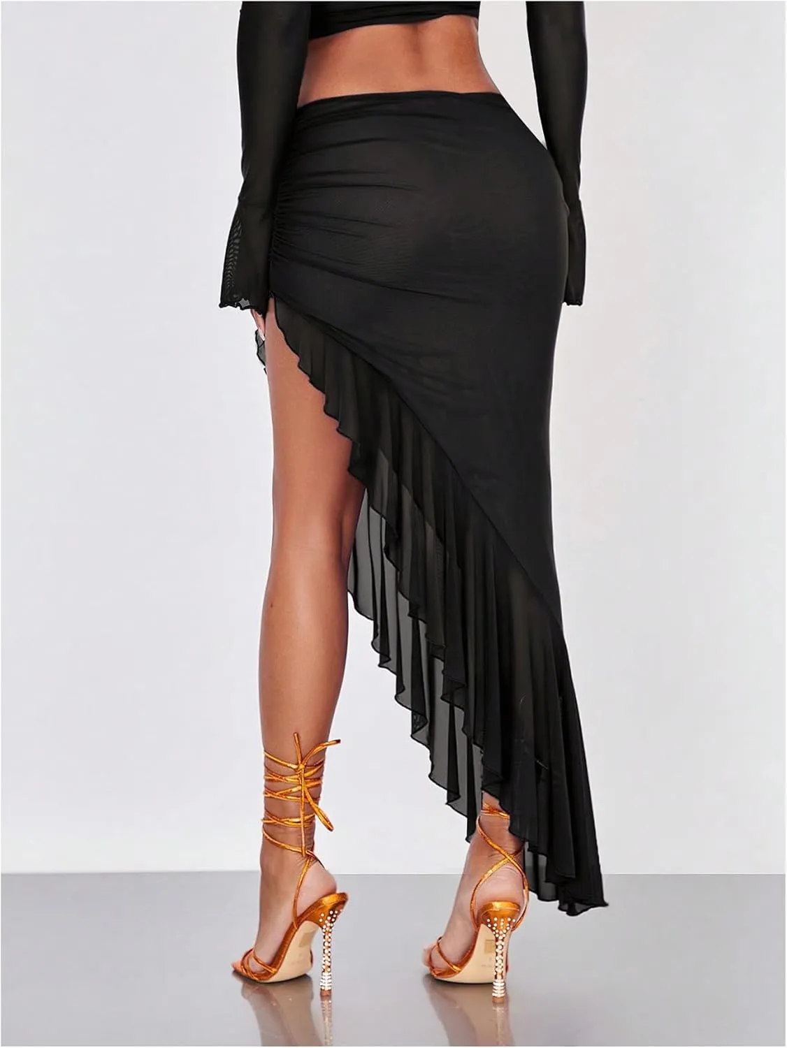 Verdusa Women's Asymmetrical High Slit Mesh Long Skirts Ruffle Hem Ruched Flowy Bodycon Skirt