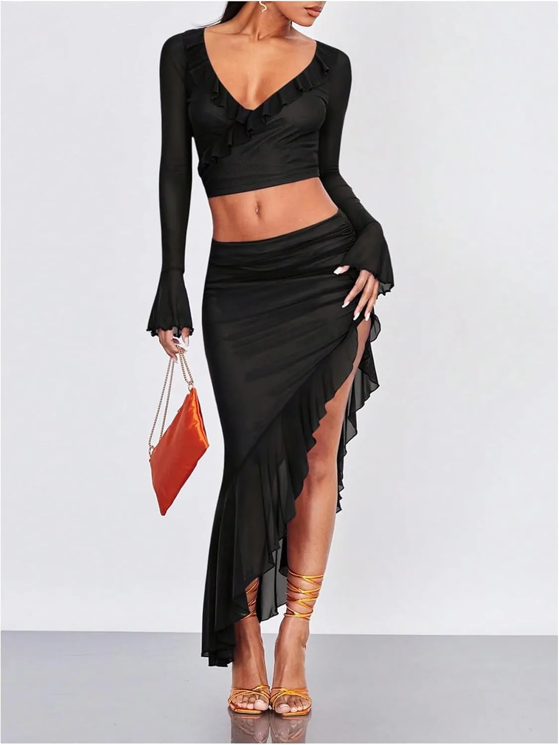 Verdusa Women's Asymmetrical High Slit Mesh Long Skirts Ruffle Hem Ruched Flowy Bodycon Skirt